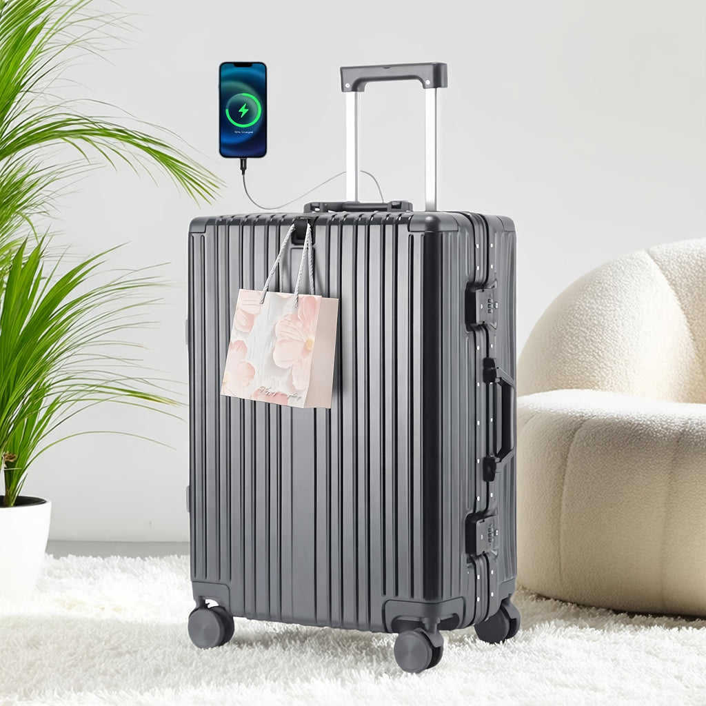 20Inch PC Hard Shell Carry On Luggage with Aluminum Frame Silvery Suitcase with Cup Holder And USB Port Zipperless Design Ideal for Business Travel