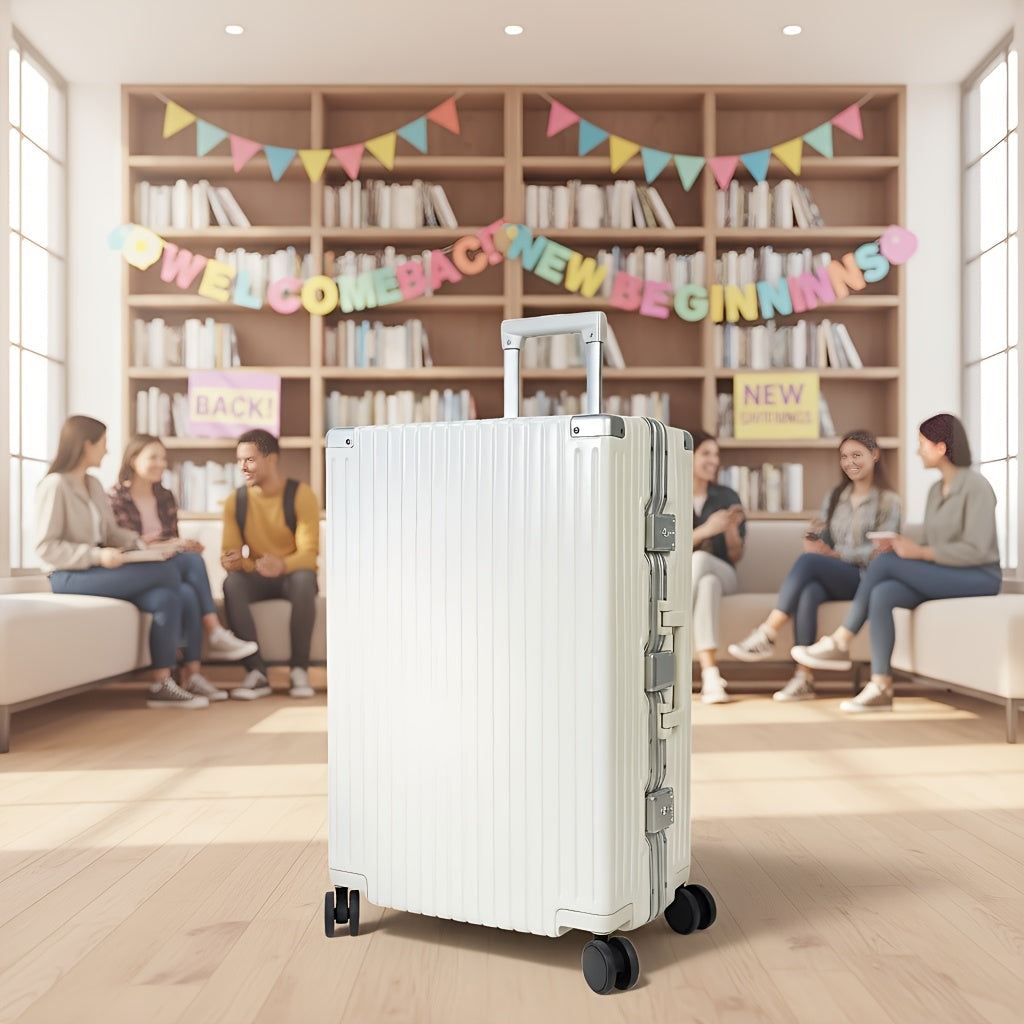 1pc Large Aluminum Alloy Frame Suitcase With Swivel Wheels | Suitable For Men And Women, Travel Essential, Christmas And Holiday Gift, 30 Inches, Ivory, Hard Shell, Combination Lock