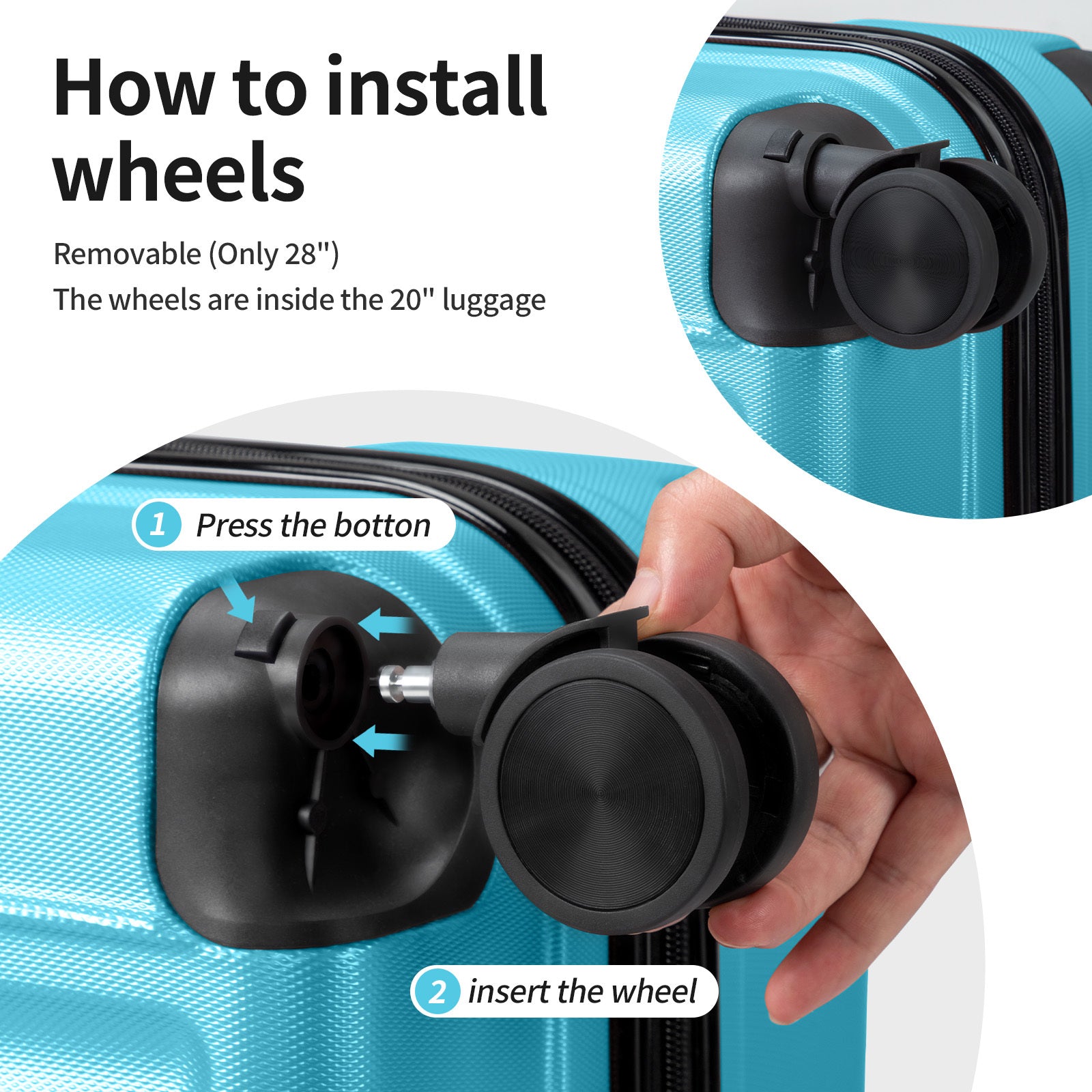 3in1 Luggage Set with Detachable Wheels, 20\u002F24\u002F28 Inch Lightweight ABS Suitcase with Lock & Spinner Wheels, Durable Travel Trolley Bag, 28-inch Disassembly Wheels