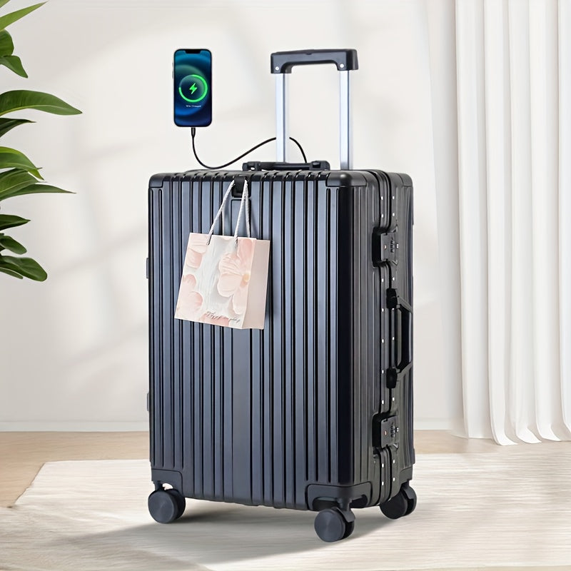 20Inch PC Hard Shell Carry On Luggage with Aluminum Frame Silvery Suitcase with Cup Holder And USB Port Zipperless Design Ideal for Business Travel